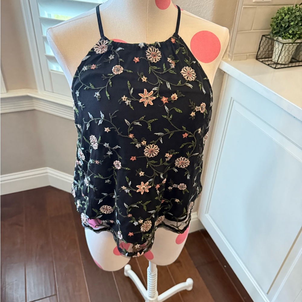 Abercrombie and Fitch Floral Embroidered Beaded Black Halter Top, Size Small